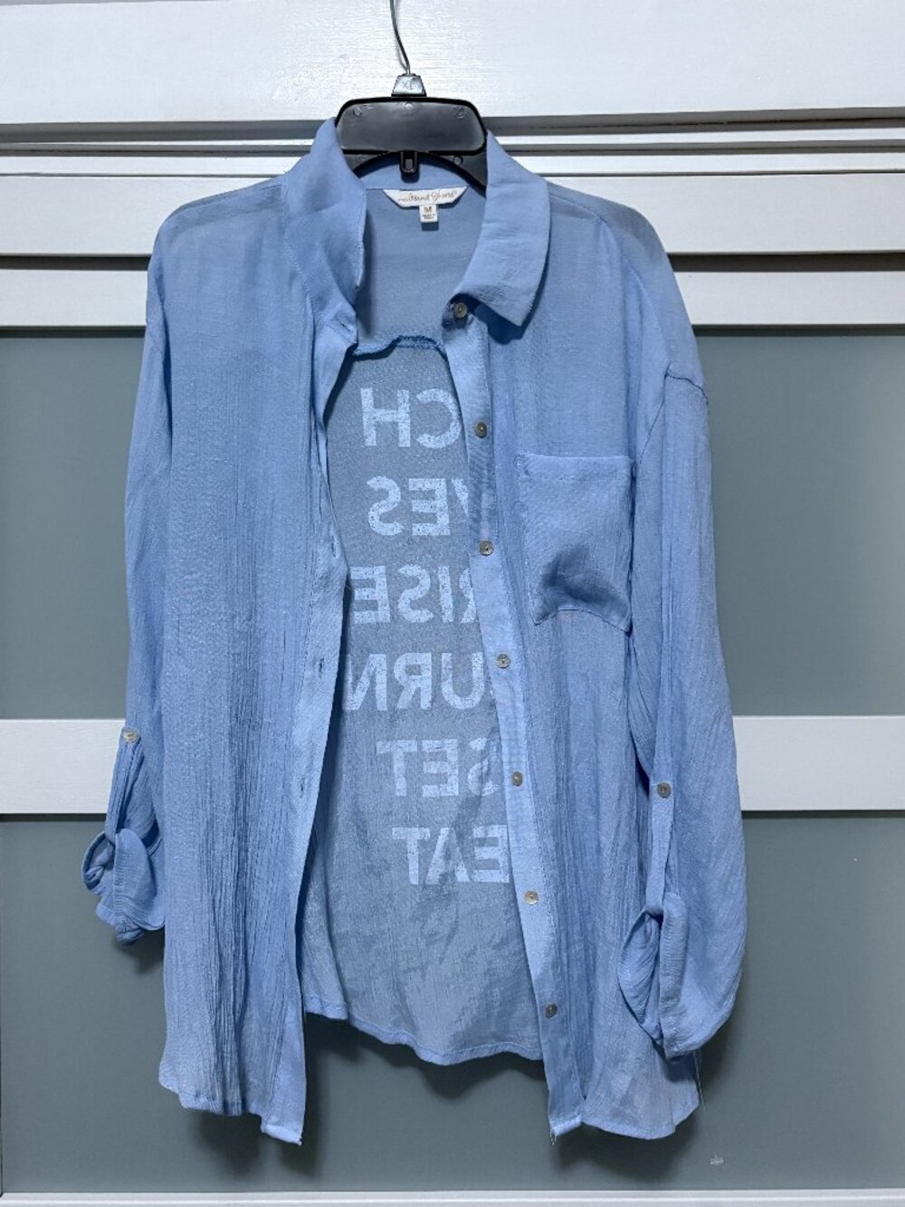 Island Shores Ladies Button Front Beach Top Sun Sand Repeat sz M Guaze 3/4